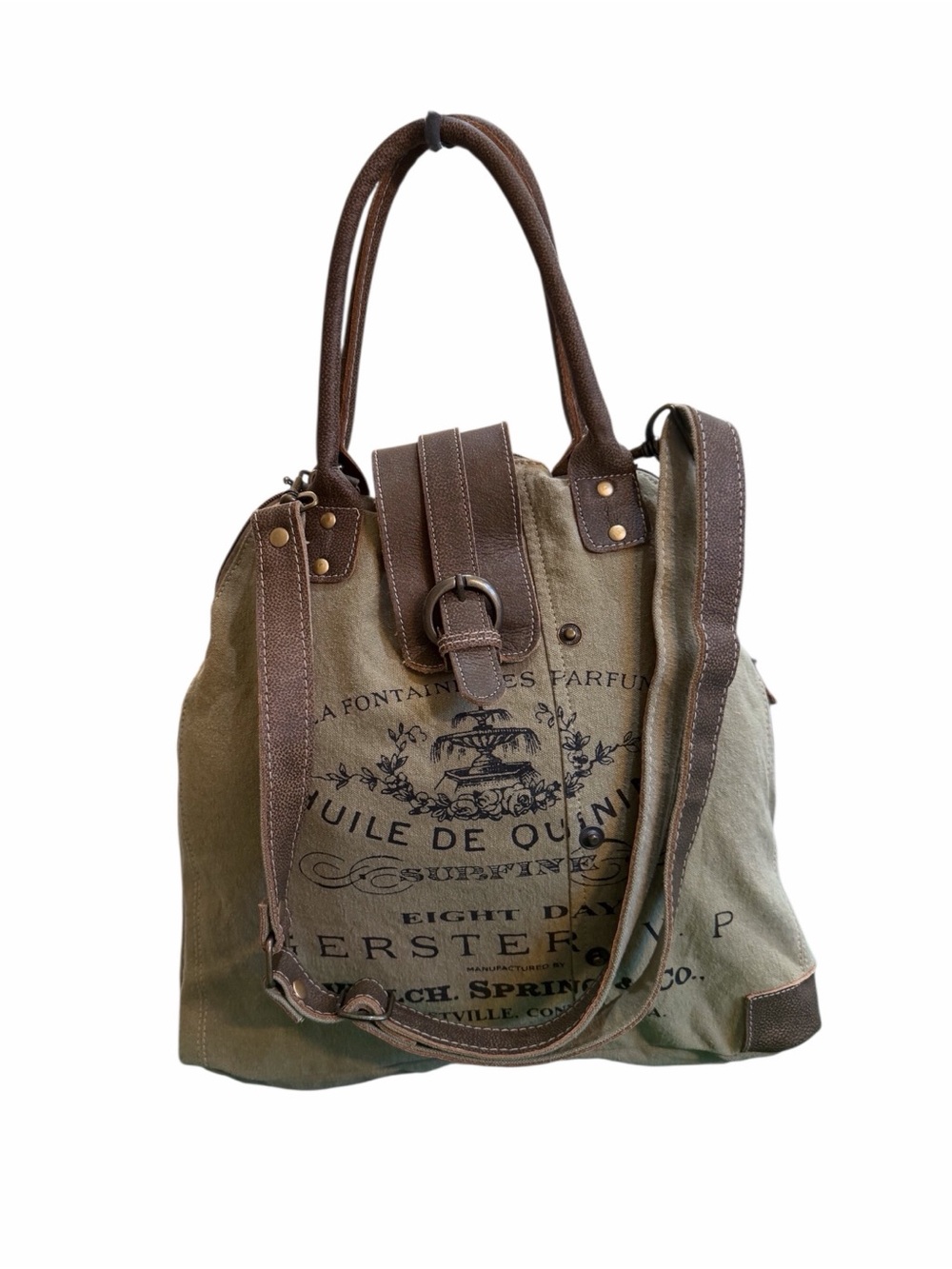 Myra Bag Canvas & Leather Convertible Tote Crossbody Olive Green Vintage Print - Picture 2 of 11